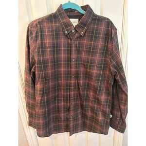 Ben Sherman Button Down Shirt Burgundy Brown Plaid Cotton Long‎ Sleeve Mens L